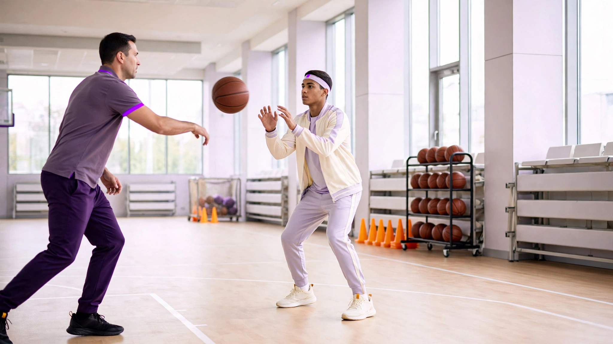 Pelatih pria melempar bola basket ke arah atlet dalam sesi latihan di lapangan basket, rak bola basket dan tribuna di belakang mereka