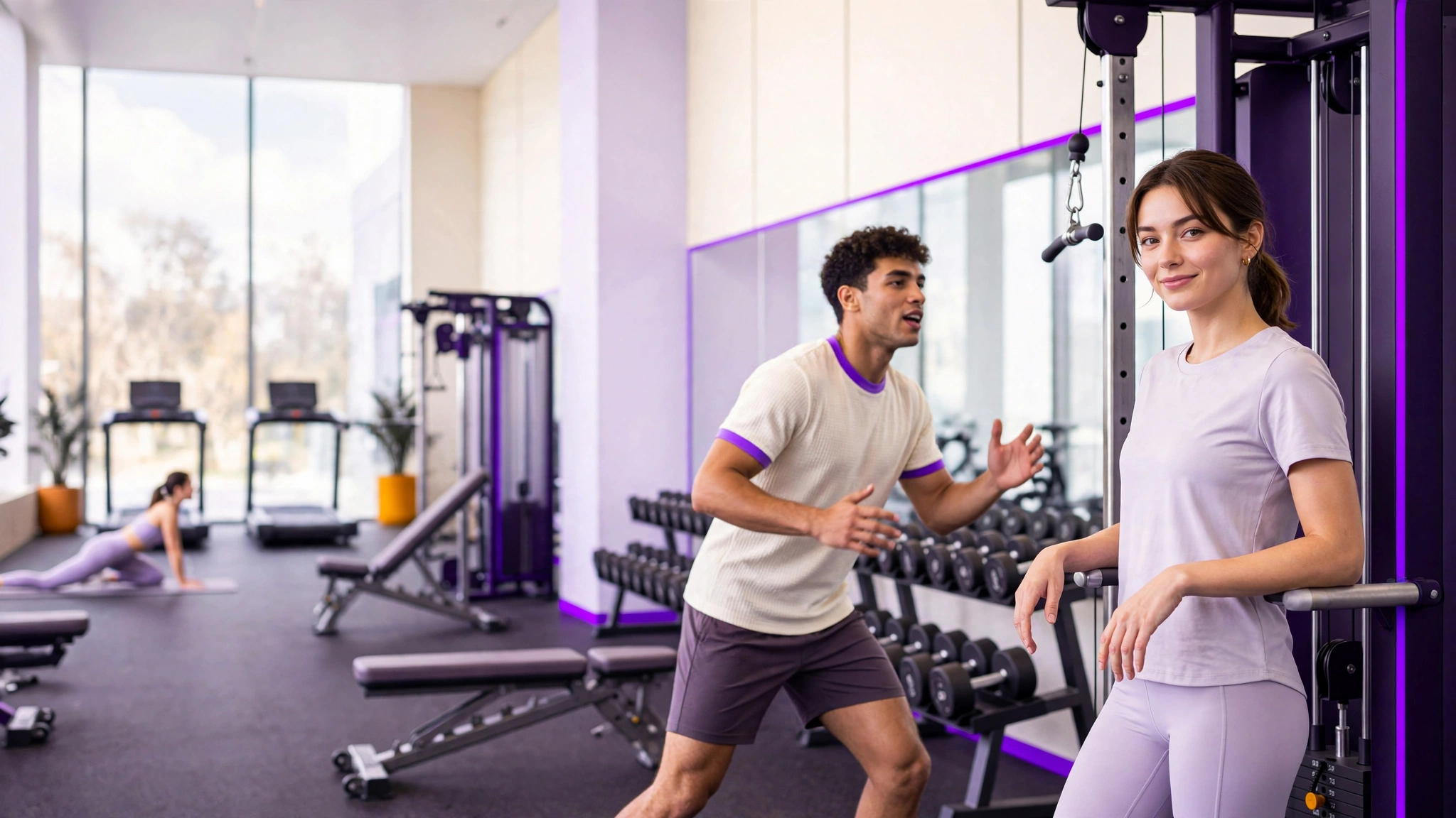 Anggota gym bersiap memulai latihan di depan mesin cable, dengan anggota lain berlatih dumbbell di belakangnya